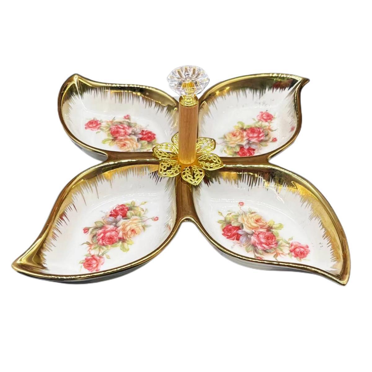 A pure white petal-shaped fruit platter with electroplated gold and multiple compartments, a hand-held restaurant banquet food platter pic 24