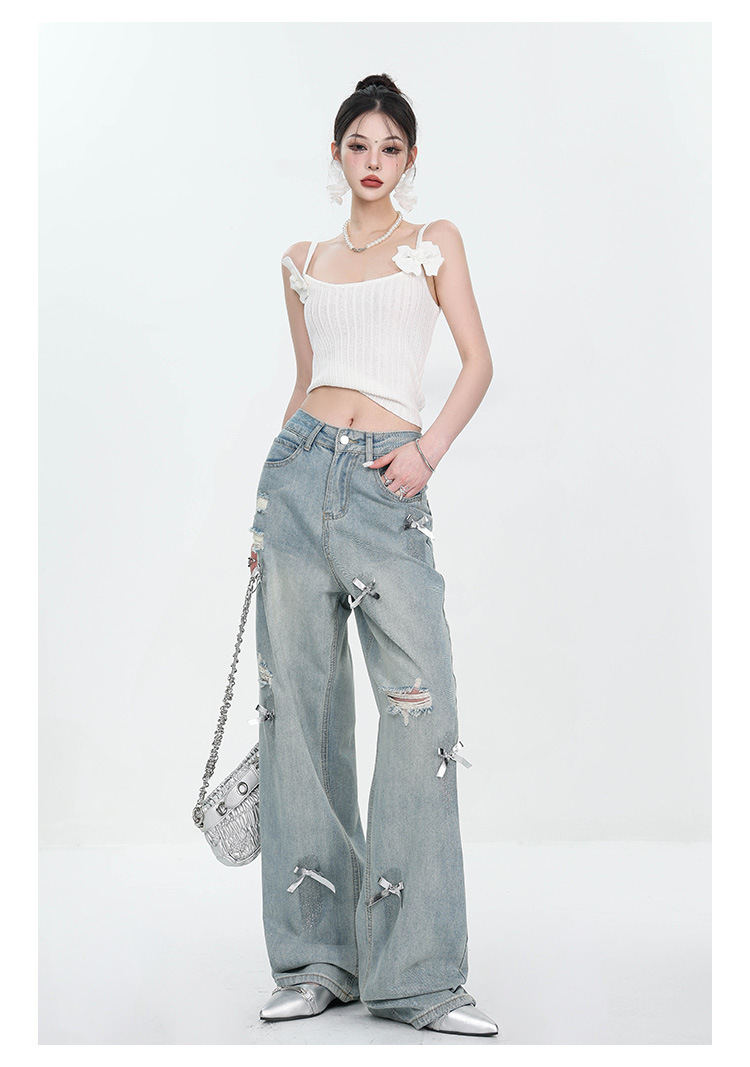 Large-sized retro three-dimensional bow ripped jeans for women with a summer design sense, high-waisted straight-leg loose wide-leg pants pic 13