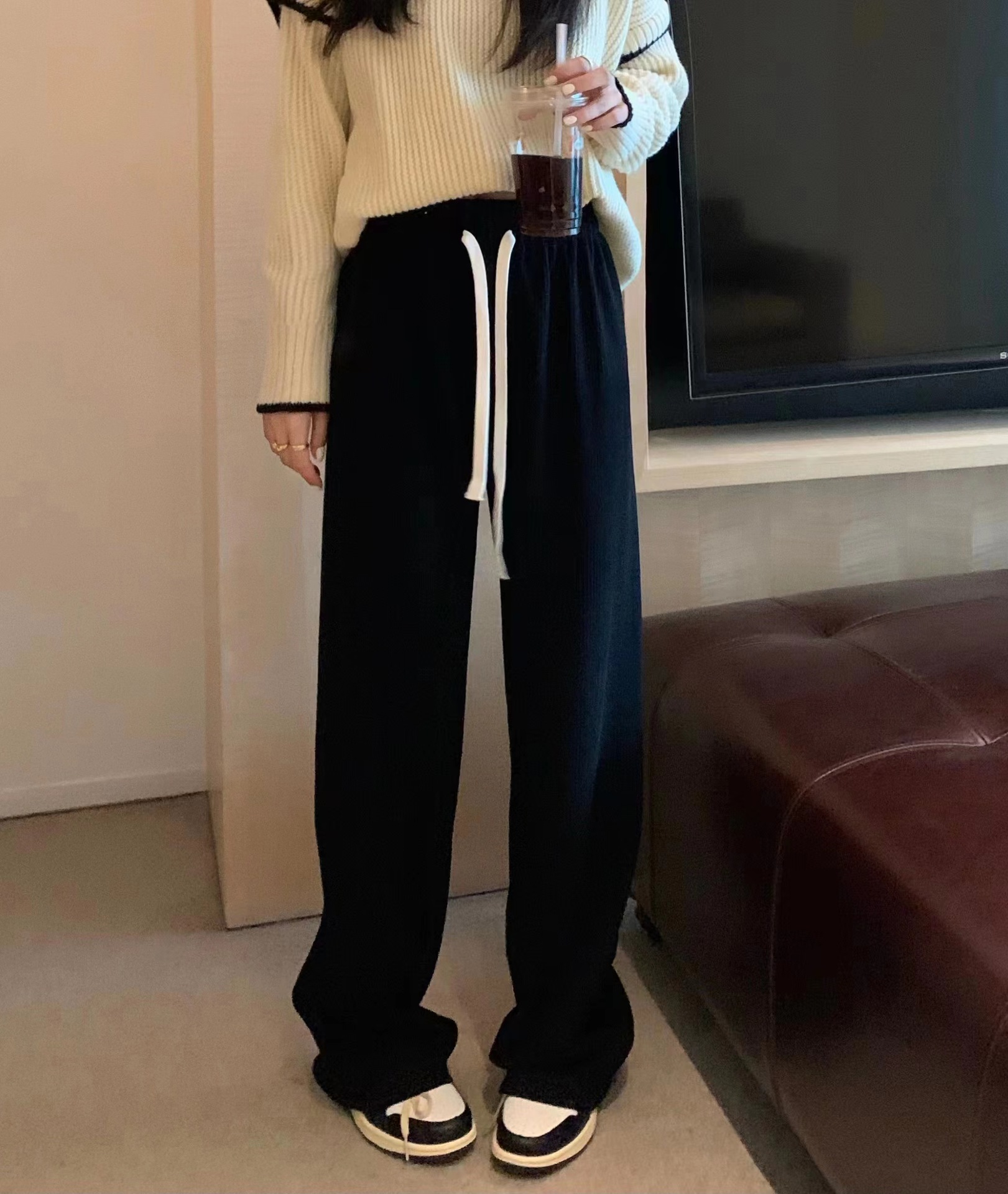 可可6096冬款粉色糯米裤加绒加厚高腰阔腿裤女休闲垂感羊绒直筒裤详情18