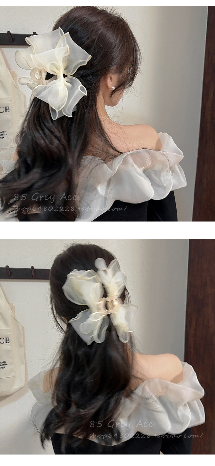 Elegant and refined gauze bow hair clip for women's spring and summer, super fairy-like princess hairstyle shark clip, high-end back head clipper pic 6