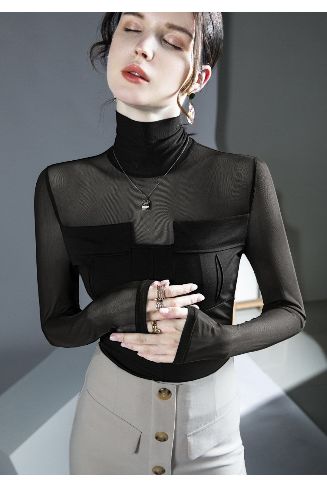 芙笙纪网纱微透拼接上衣秋冬新款内搭打底衫洋气高领长袖详情10