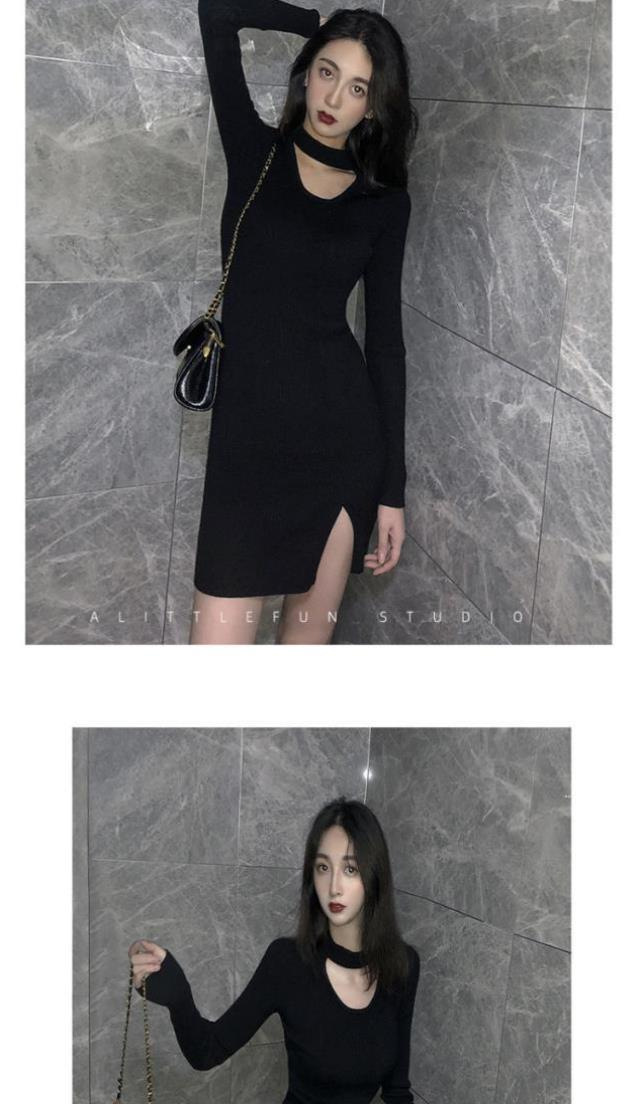 法式纯欲风性感开叉黑色针织连衣裙女秋冬设计感小众辣妹穿搭裙子详情10