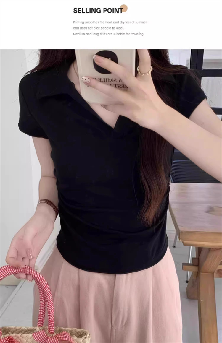 polo collar slimming and form-fitting shoulder T-shirt for women, short sleeve, pure and hot girl, short design with a cinched waist, top for summer pic 35