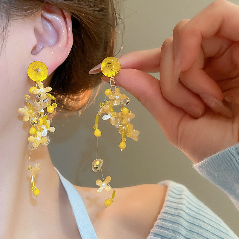 Silver needle yellow flower tassel stud earrings, super fairy-like spring and summer sweet earrings, fashionable, light luxury and high-end earrings for women pic 36