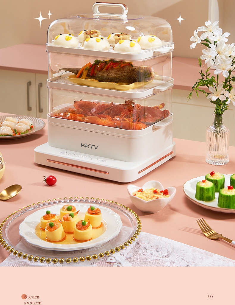 KKTV electric steamer, household three-layer multi-functional, with preset timing, automatic power-off, steamer and cooking pot, large capacity pic 21