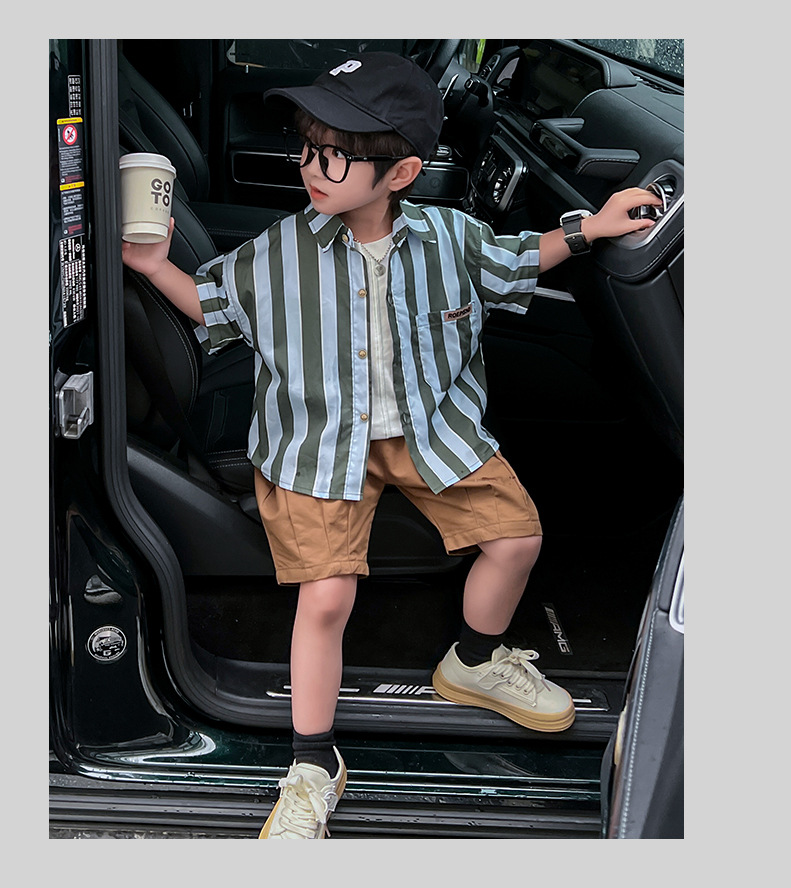 儿童短袖薄款衬衫2024新款男童夏季酷帅衬衣宝宝洋气条纹夏装上衣详情9