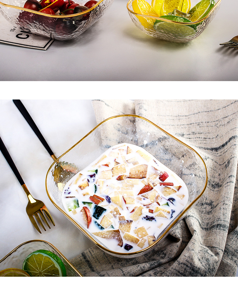 ins Nordic popular kitchenware, gold-rimmed hammer-patterned glass bowls, dessert bowls, square fruit, vegetable and salad bowls pic 6