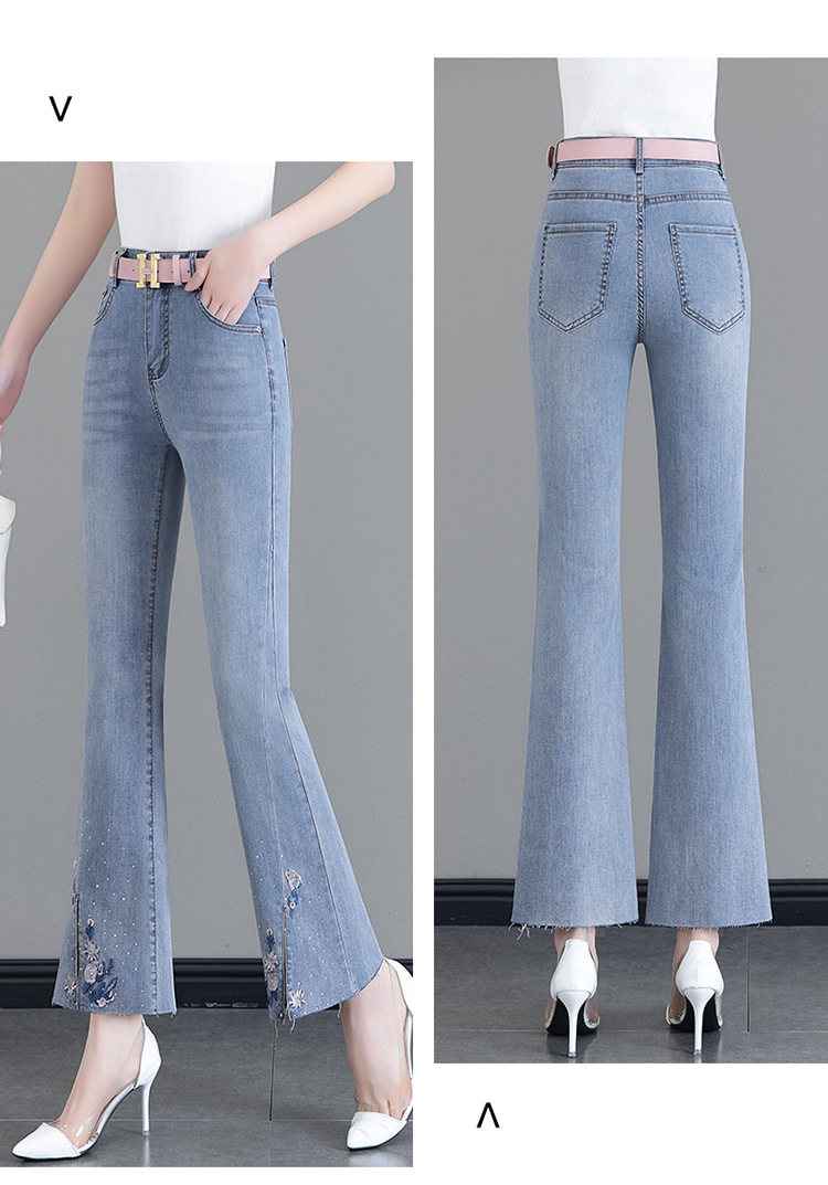 新中式刺绣牛仔微喇裤女夏季新款高腰修身显瘦弹力开叉毛边喇叭裤详情13