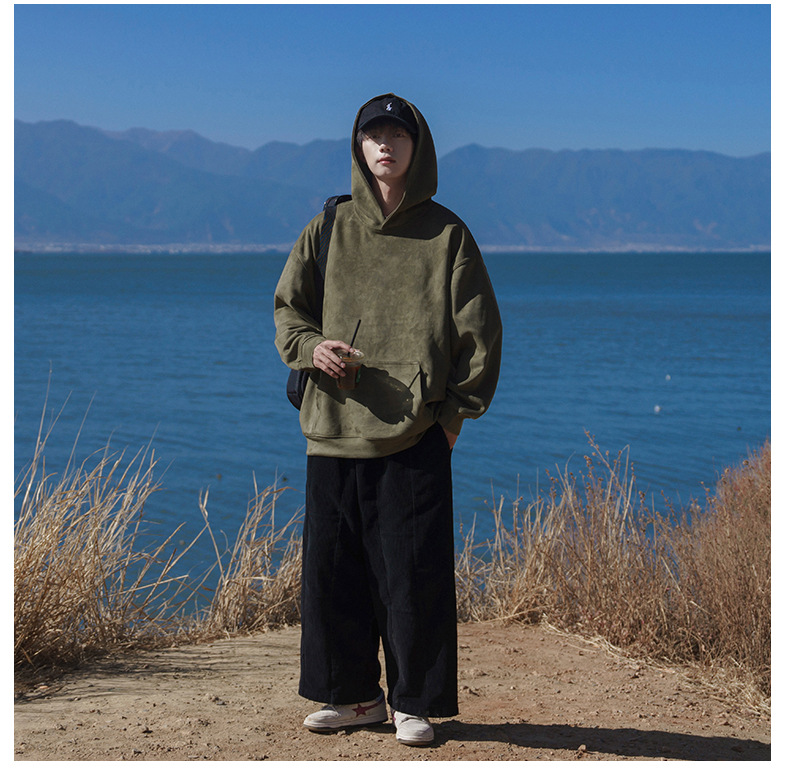 麂皮绒卫衣男士2023秋季新款美式潮牌重磅纯色连帽情侣上衣外套男详情21