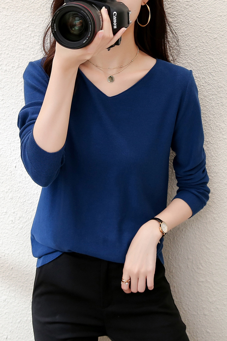 2023秋季女装全纯色棉麻针织T恤女V领长袖文艺大码外贸厂家批代发详情17