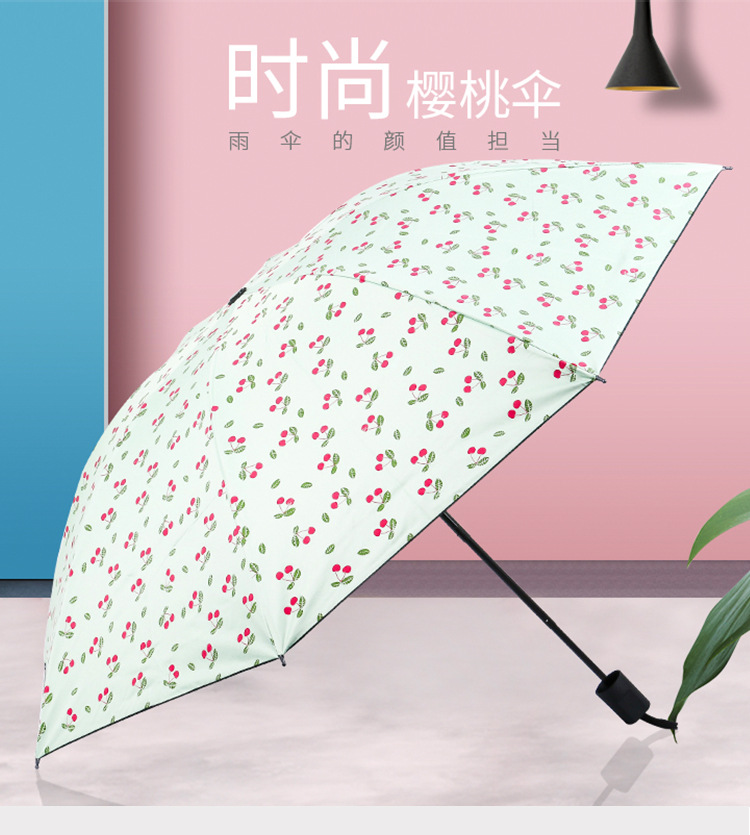 Creative folding black rubber umbrella, cute and fresh cherry three-fold sunshade umbrella, 8-bone manual sun protection and wind protection umbrella pic 1