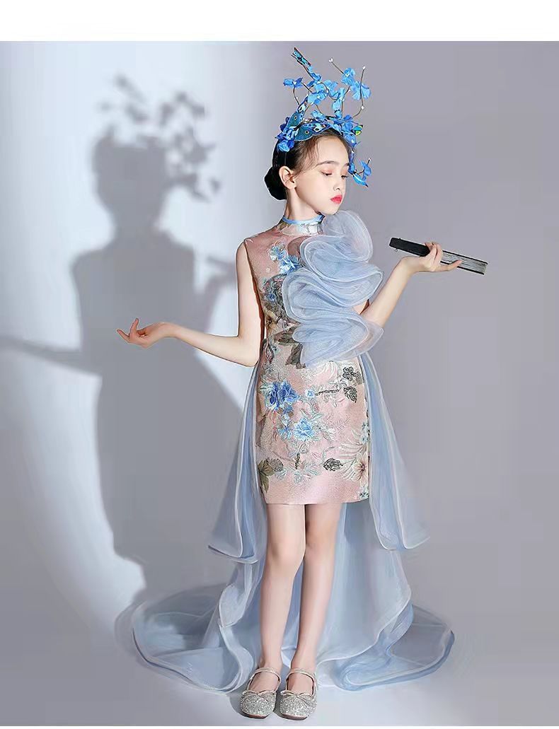 女童旗袍国潮改良夏季主持人儿童模特走秀T台潮装演出服国风礼服详情19