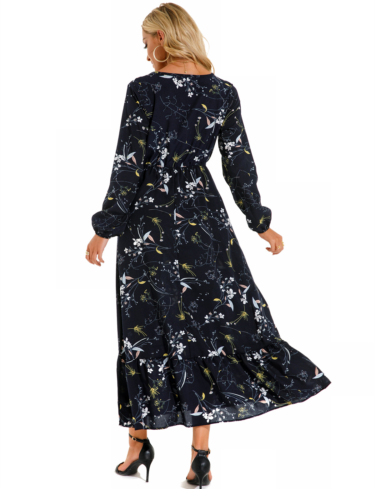 European and American floral long, round-neck, long-sleeved, waist-cinching and slimming dress pic 34