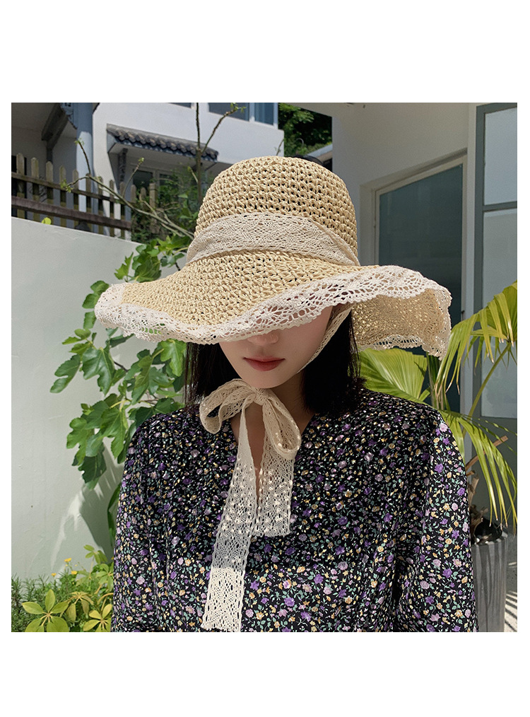 Summer travel wide-brimmed lace sun protection hat, elegant and stylish forest style for women, adult hat, Japanese and Korean vacation lace straw hat pic 4