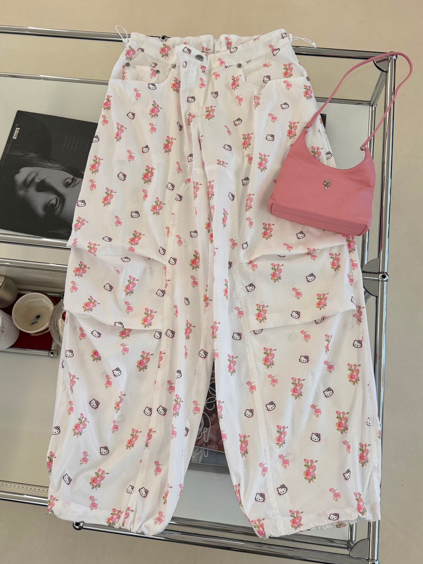 2024夏季新款小众设计卡通可爱KT猫咪印花宽松阔腿伞裤休闲直筒裤详情5