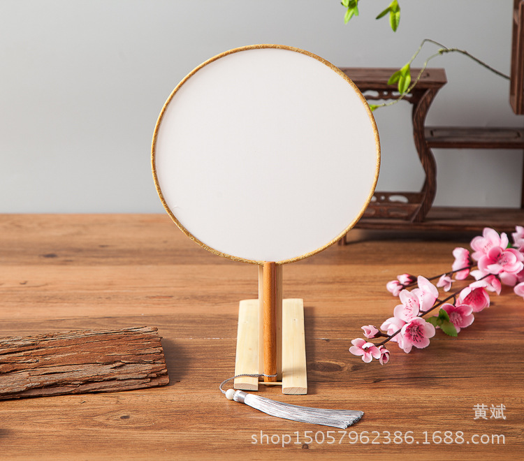 黑檀柄真丝空白宫扇团扇圆形书写绘画涂鸦DIY白色扇子可刺绣贴花详情12