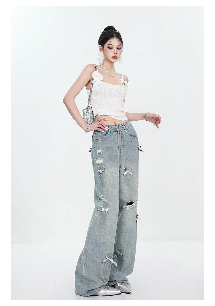 Large-sized retro three-dimensional bow ripped jeans for women with a summer design sense, high-waisted straight-leg loose wide-leg pants pic 9