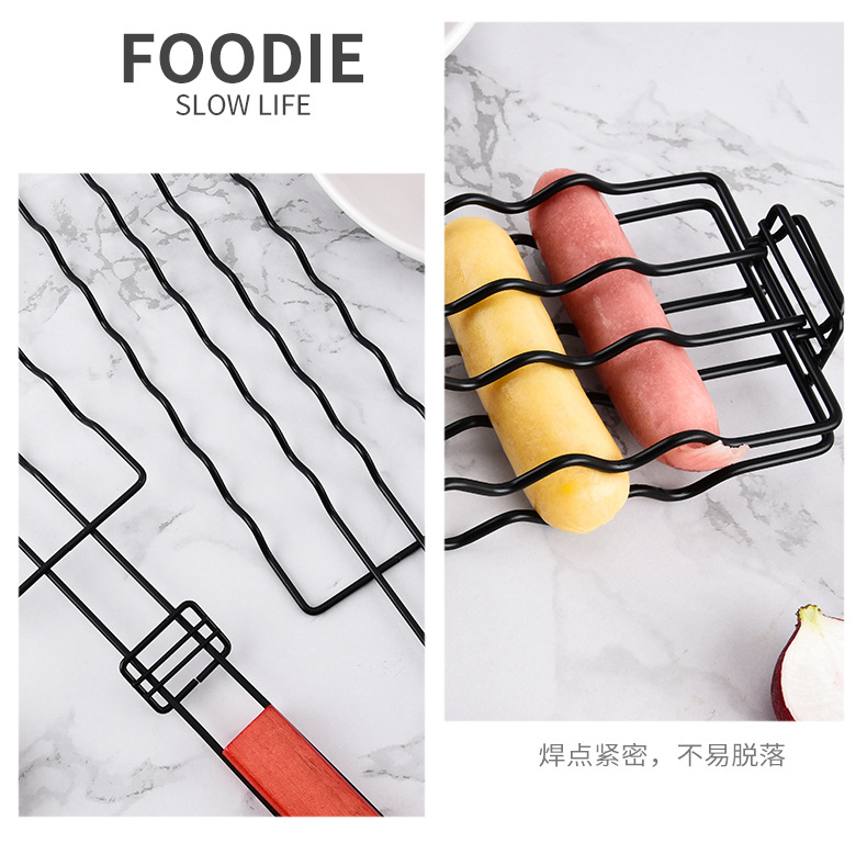 跨境户外木柄热狗烧烤夹不粘火腿香肠烤网多功能野营BBQ烧烤工具详情3