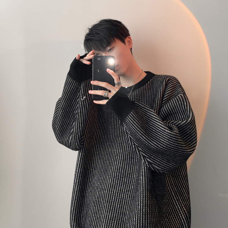 圆领条纹毛衣男款秋冬新款时尚套头针织衫日系复古宽松百搭上衣服详情7
