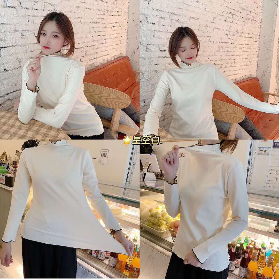 The 2022 autumn and winter new style base shirt for women is a semi-high-neck long-sleeved solid color with black fungus edges, paired with a fitted and warm German velvet top pic 36