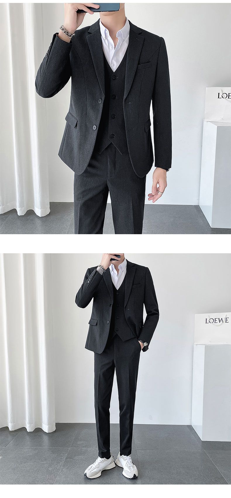秋冬ins轻熟风韩版修身男士休闲二粒扣纯色西服三件套详情12
