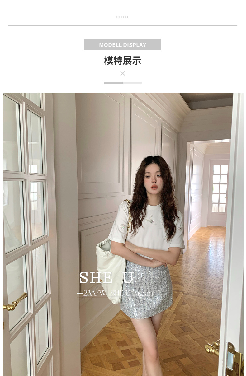 SHE U十三行2023秋季新款法式时尚立体胶花T恤女宽松百搭短袖上衣详情9