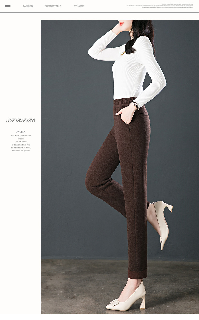 2024秋冬新款女式休闲裤 弹力高腰九分小直筒小脚裤 加绒加厚保暖舒适女裤详情19