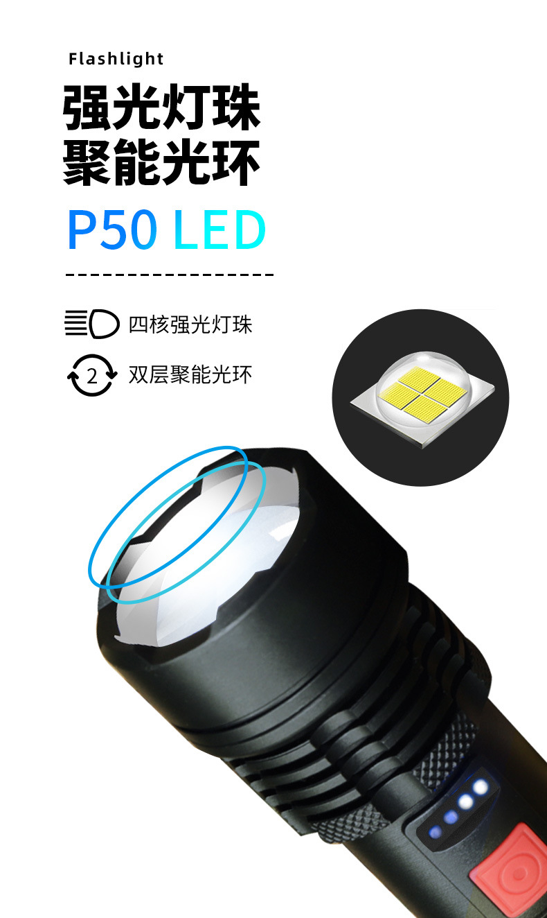 新款跨境P50LED手电筒电量显示多功能调焦可充电远射户外手电批发 pic 4