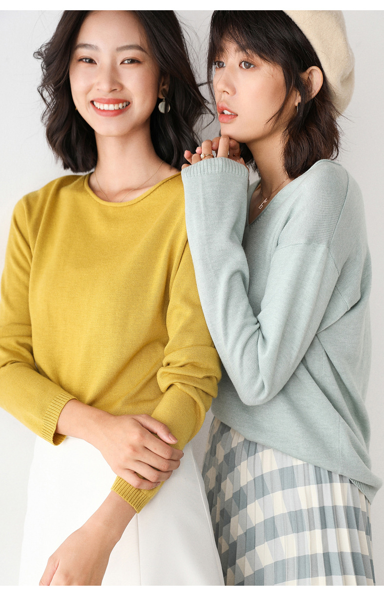 Wool blend 2023 autumn/Winter new women's round V-neck loose short pullover top base knitted sweater sweater pic 50