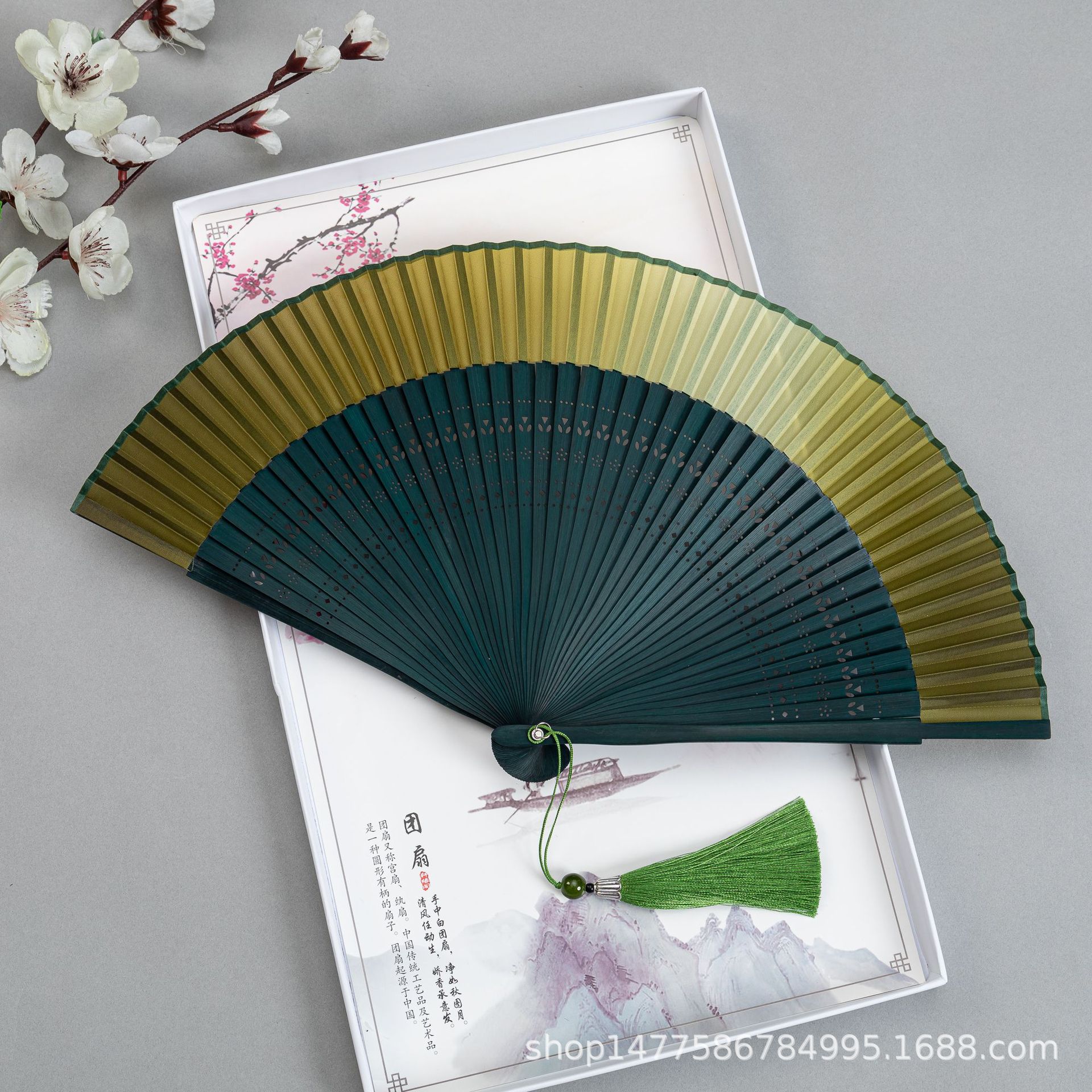 扇子折扇古风女式纯色渐变金绿色夏季随身江户日式和风扇子和服扇详情2