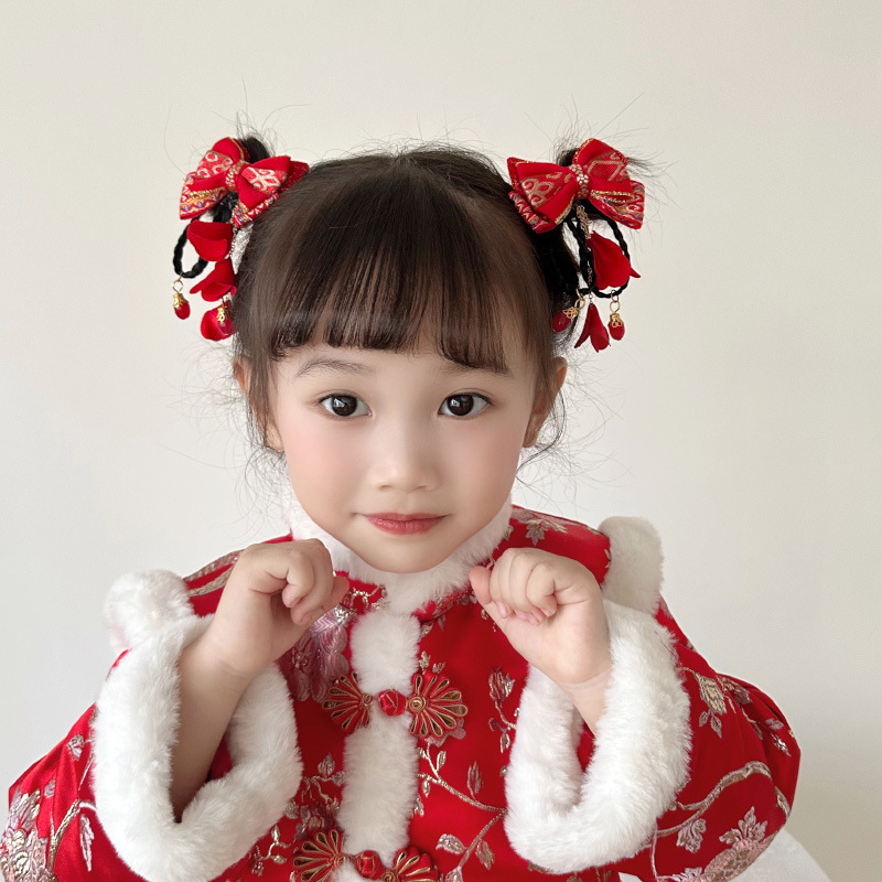 新年款红色古风流苏发夹儿童汉服发卡头饰女童复古蝴蝶结发夹发饰详情32