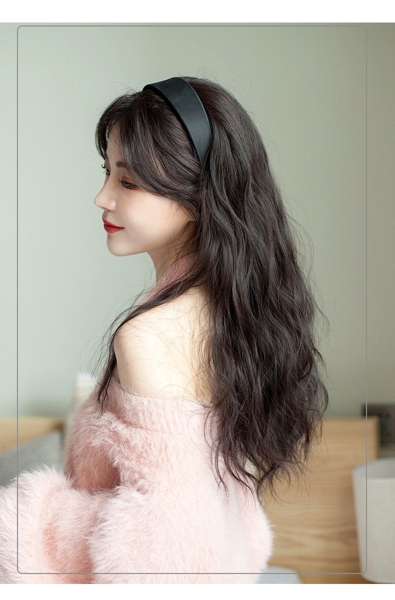 Black hairband wig one-piece long water ripple corn silk permed long curly hair half head cover pic 7