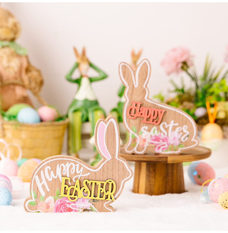 Cross-border new Easter decorations, wooden Easter rabbit figurines, cartoon 3D rabbit gifts pic 7