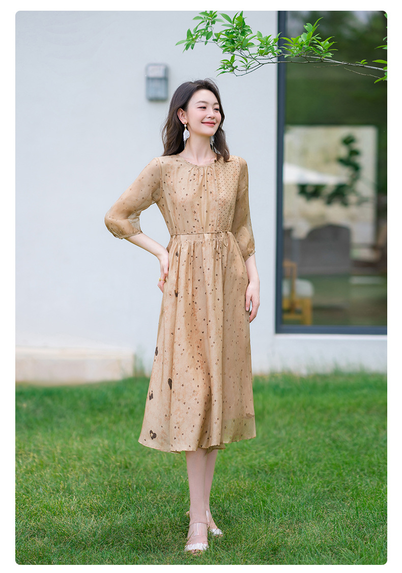 荣太设计师定染黑桃印花真丝连衣裙女拼接欧根纱桑蚕丝裙子系带详情18