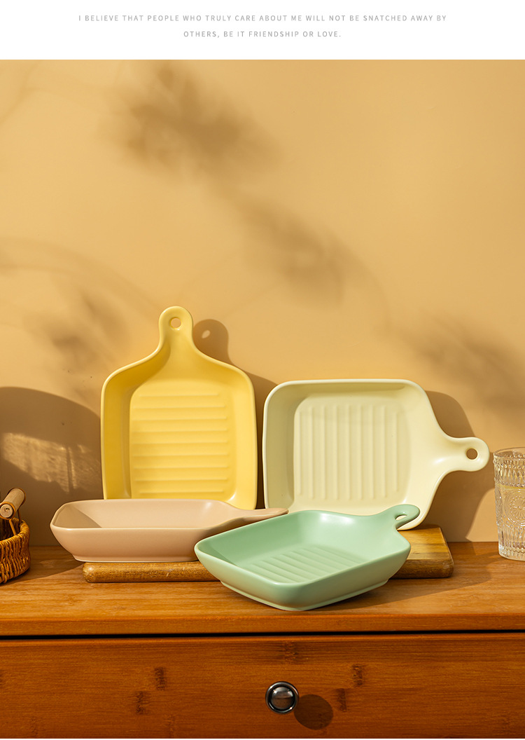 奶油风带手柄陶瓷盘高颜值小清新家用陶瓷餐具烤箱烤盘可爱早餐盘详情13