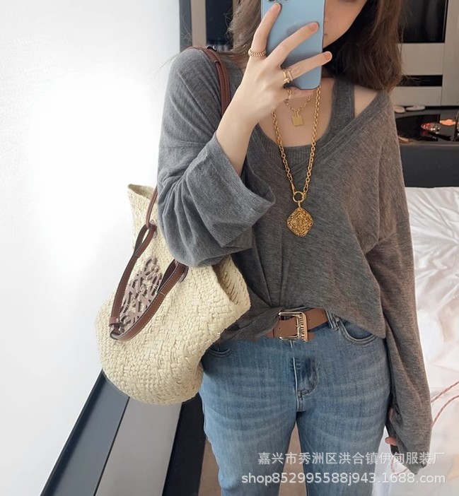 A two-piece set of woolen sun protection long-sleeved knitted top and vest for women in Spring/Summer 2024, featuring a thin, loose and casual cardigan T-shirt pic 13