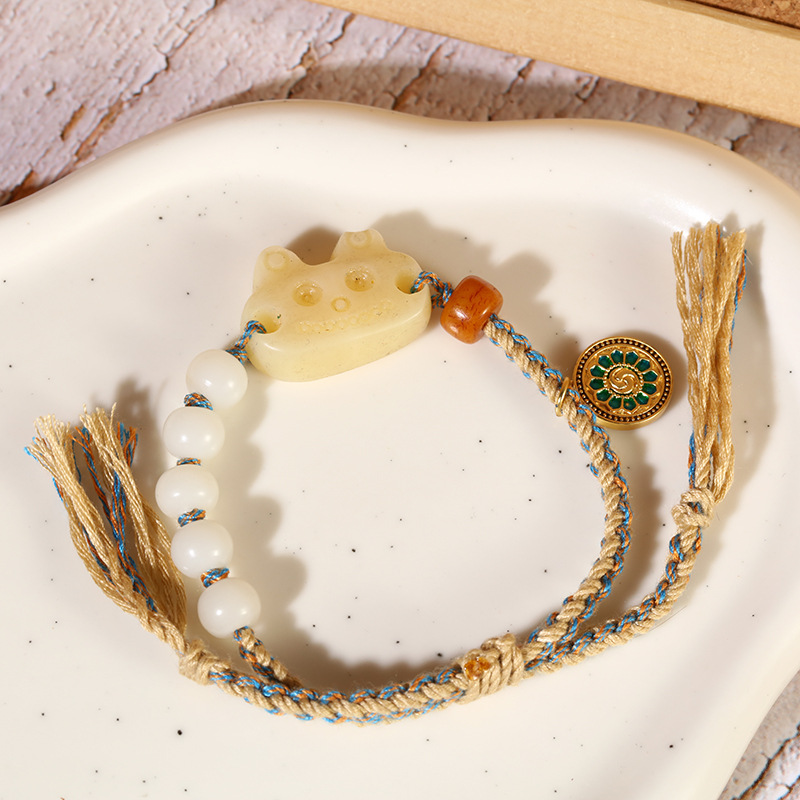 Ethnic-style hand-woven camel bone bracelet, cute little cat fox bracelet, retro Chinese trend smiling face cultural and artistic bracelet pic 6