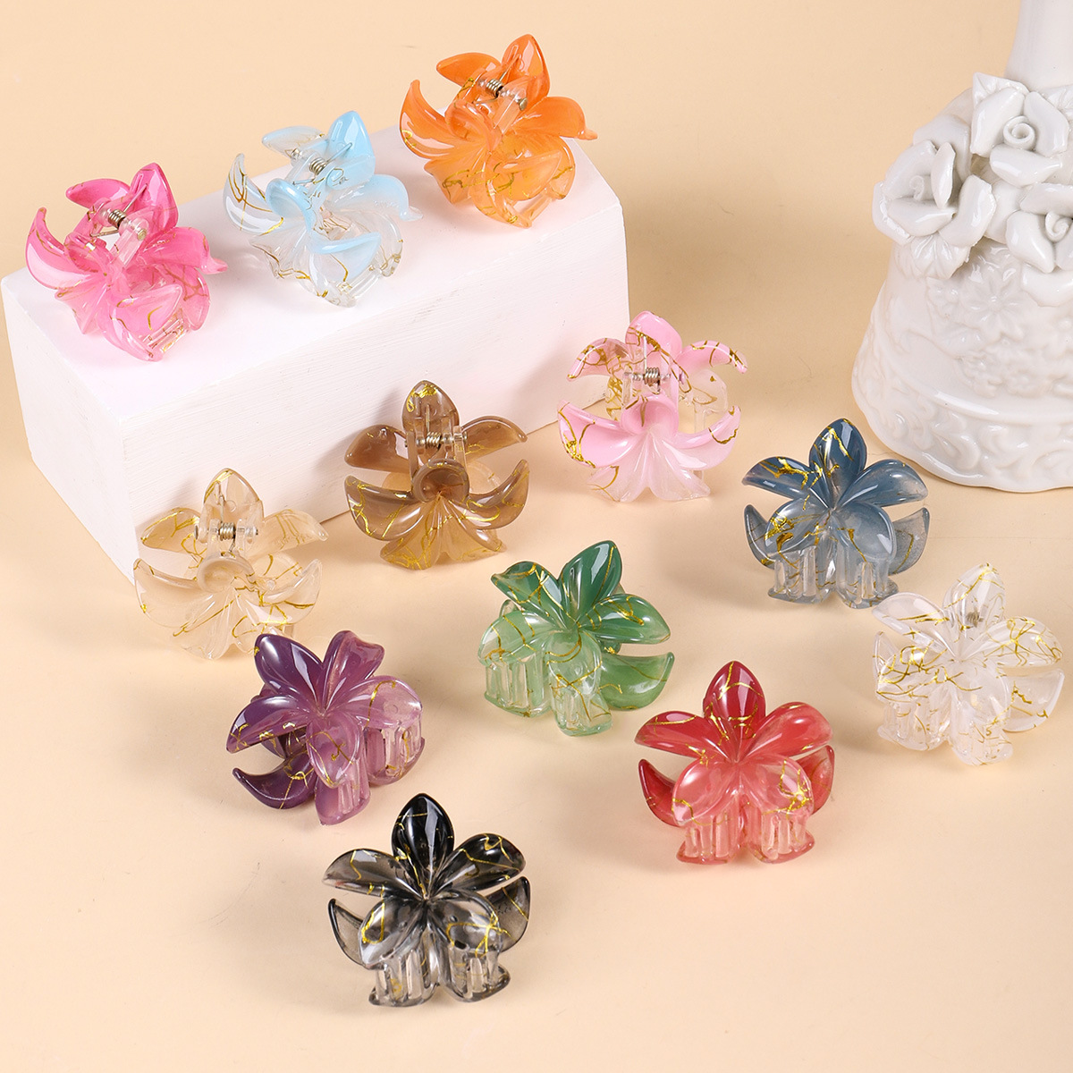 跨境新款拉丝鎏金鸡蛋花抓夹小号紫荆花编发碎发夹高级感金丝发饰详情17