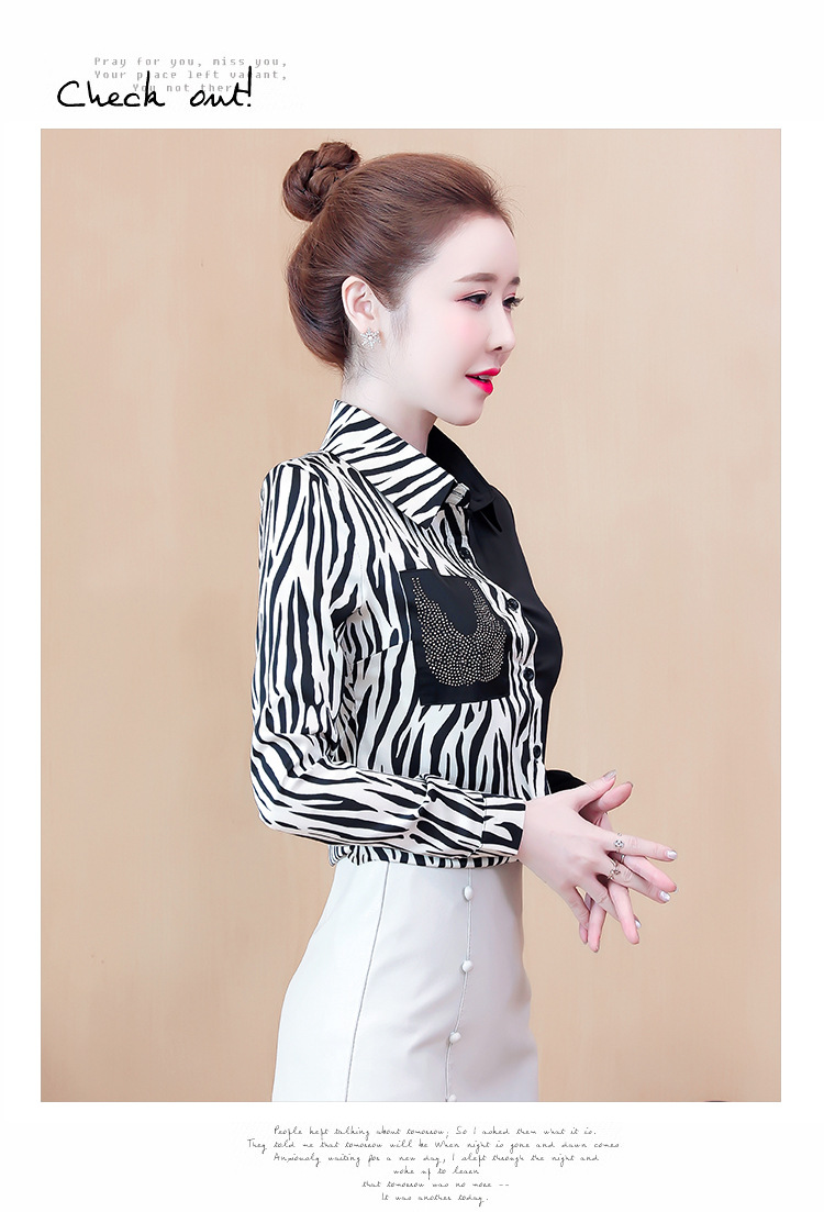 实拍20韩版宽松英伦复古时尚衬衫女缎面拼接烫钻polo领衬衣详情16