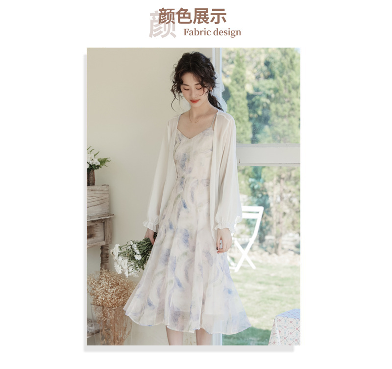 一件代发2024夏季新款水墨印花吊带连衣裙新款仙女裙修身雪纺裙详情5