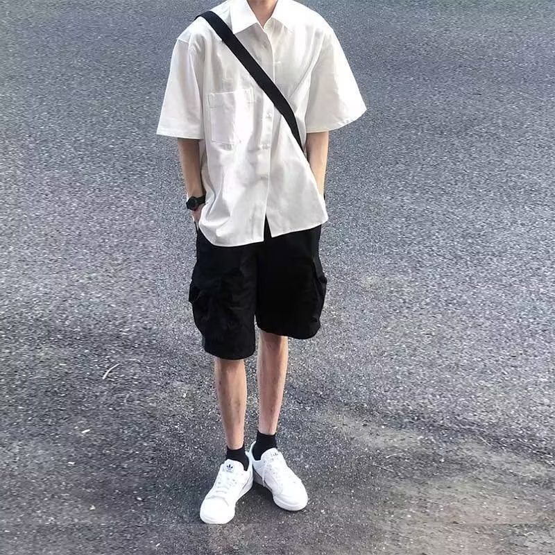 2023新款夏季痞帅宽松纯白色高级感衬衫男士短袖休闲衬衣一件代发详情10