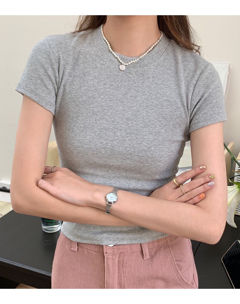 European and American style ribbed off-the-shoulder T-shirt for women, new summer style, slimming and figure-hugging, round-neck, layering short base layer pic 25