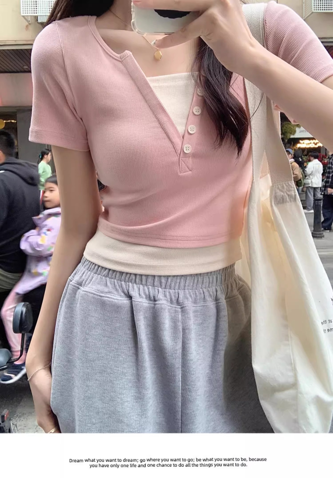Pink V-neck off-the-shoulder T-shirt for women, short sleeve, new spring and summer style, two-piece design, slim and short, pure and sensual pic 11