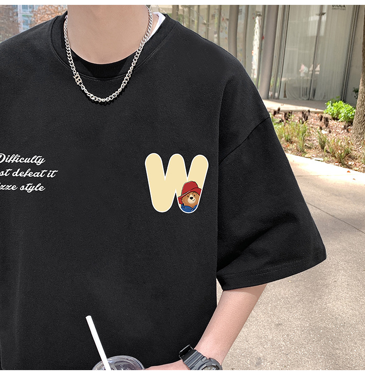Camiseta de manga corta de estilo americano de algodón pesado hombre verano 2024 nuevo oso estampado estado de moda puerto estilo chico camiseta pic 6