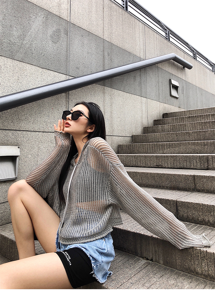 李婉君宽松连帽镂空针织衫女2020夏季薄款星辰反光蹦迪上衣长袖衫详情17
