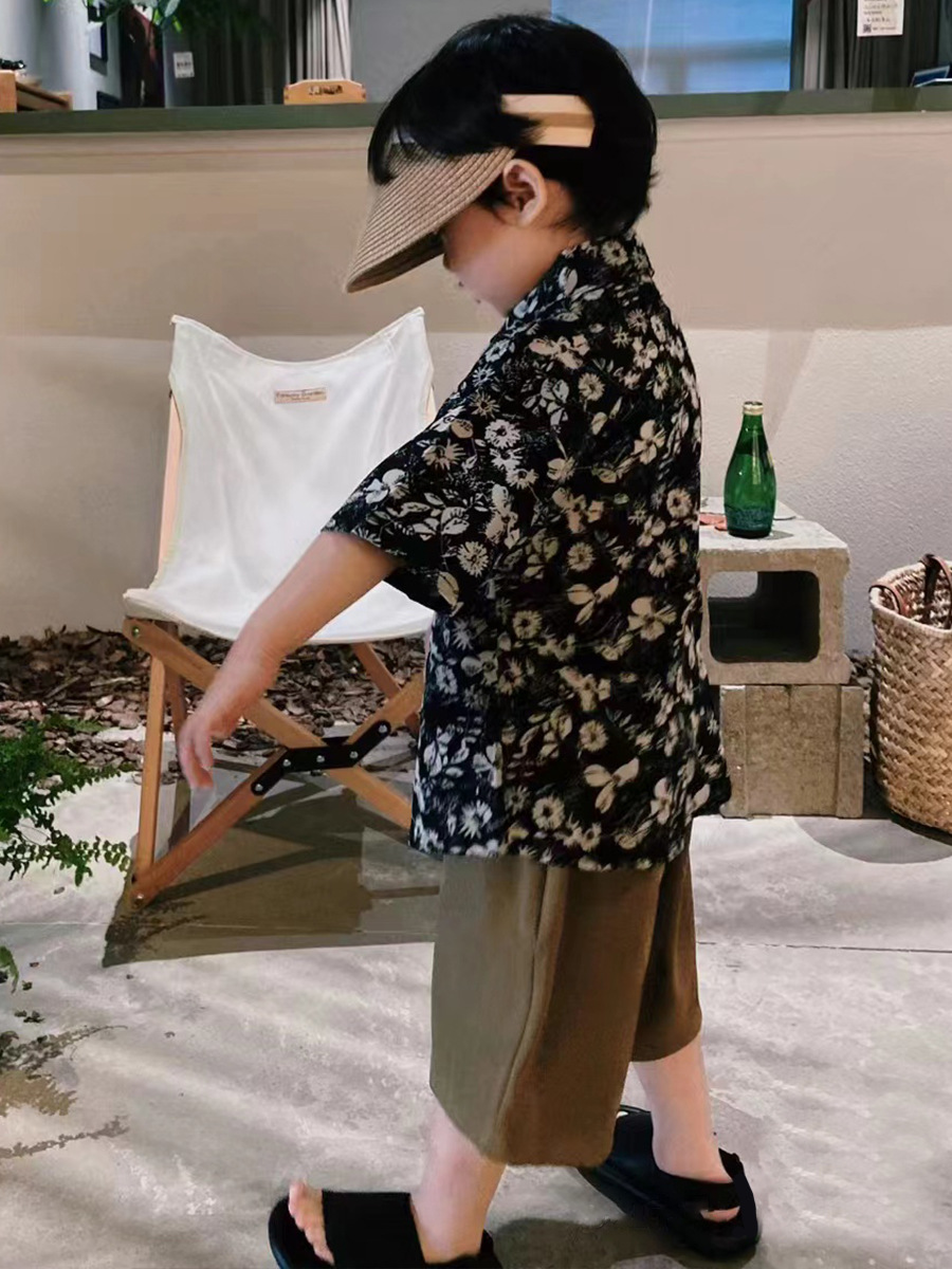 儿童夏装套装男童夏季新款童装女宝复古港风碎花短袖衬衫两件套潮详情10