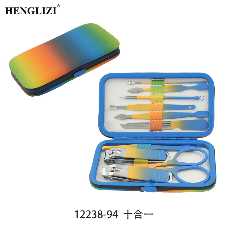 Cross-border nail trimming tool box, checkered set, nail clippers 10-piece set, eyebrow clippers, ear spoons, stainless steel nail set pic 11