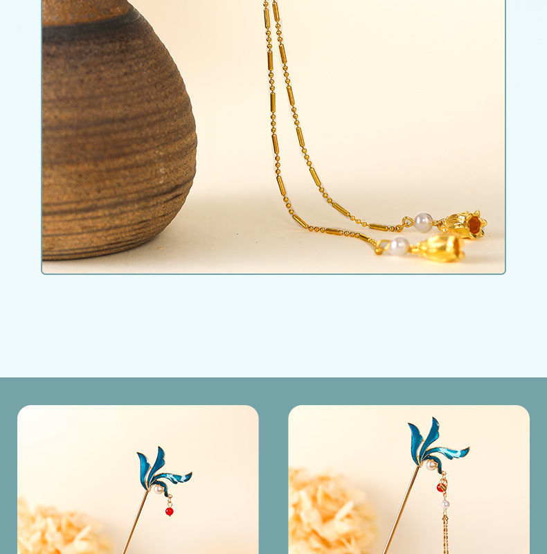 古风发簪景泰蓝烧蓝长流苏叶子发钗旗袍明制民族头饰汉服配饰簪子详情7