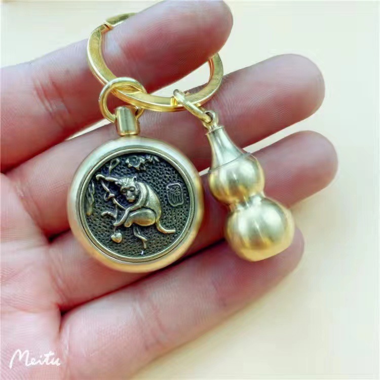 Pure copper retro 12 Chinese zodiac money transfer keychain, handcrafted brass cinnabar handle, car key chain pendant pic 14