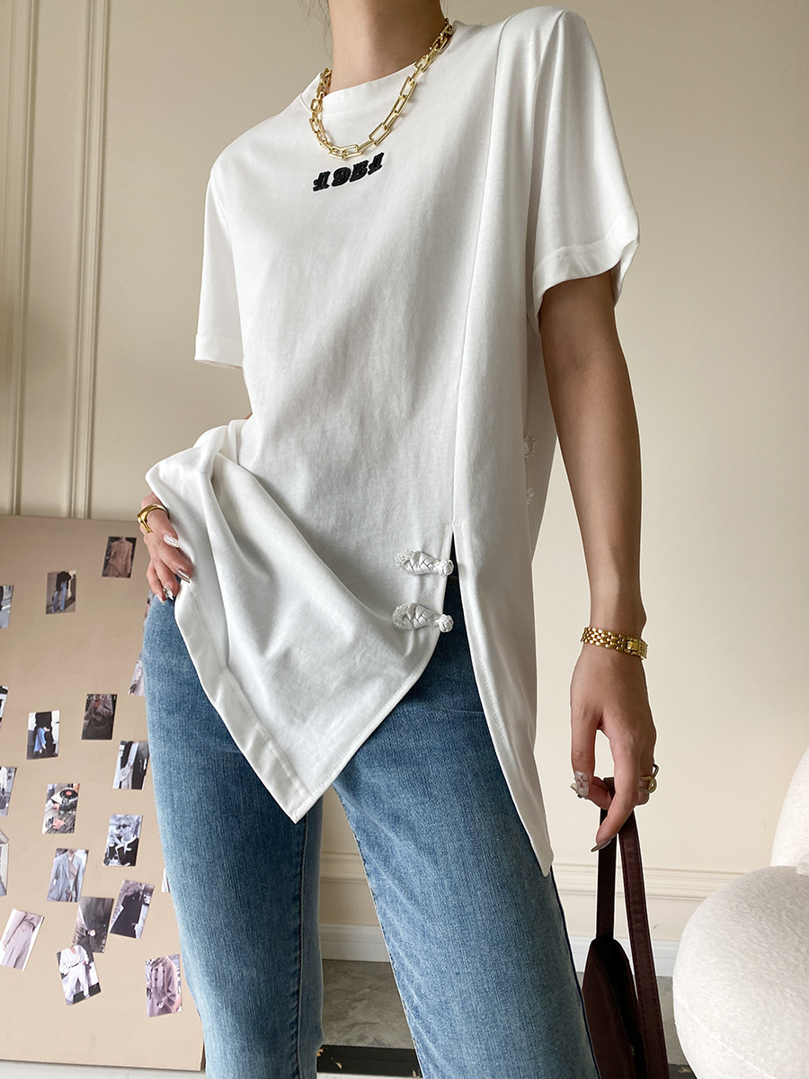 Sinan guoji plato hebilla bifón caída hombro manga camiseta mujer moda cool sentido de diseño verano 2022 nuevo SN1425 pic 50